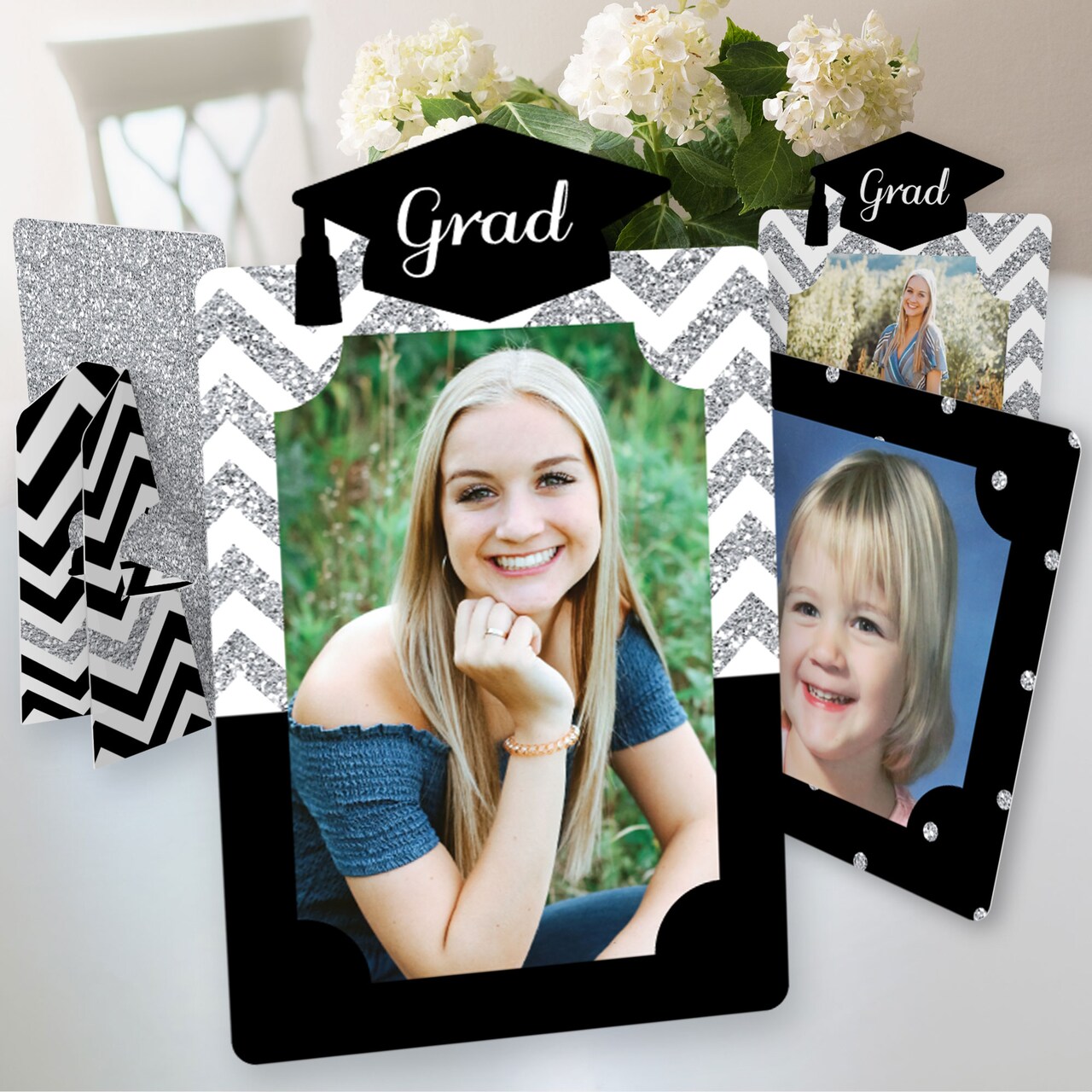 Big Dot of Happiness Silver Graduation Party Centerpieces - 4x6 Picture Display - Paper Photo Frames - Set of 12